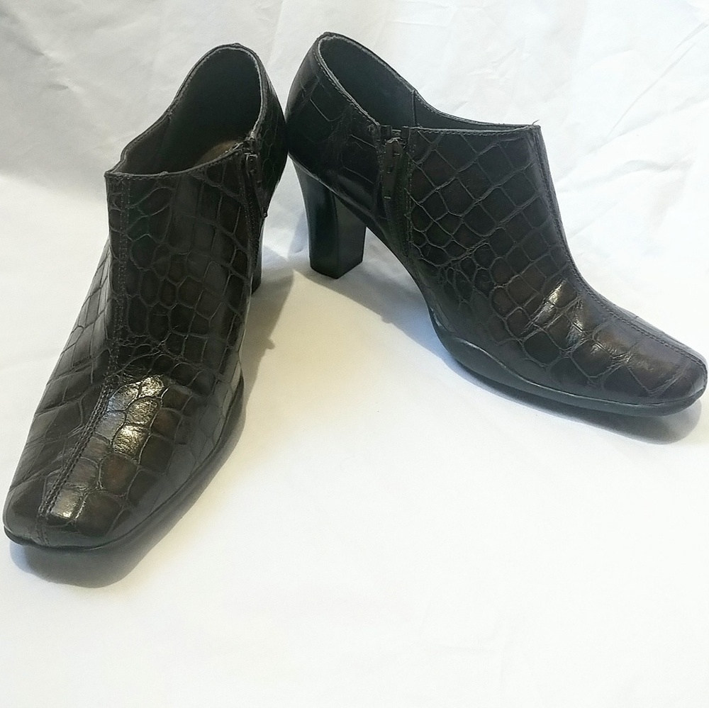 Square toe ankle bootie brown croc animal print